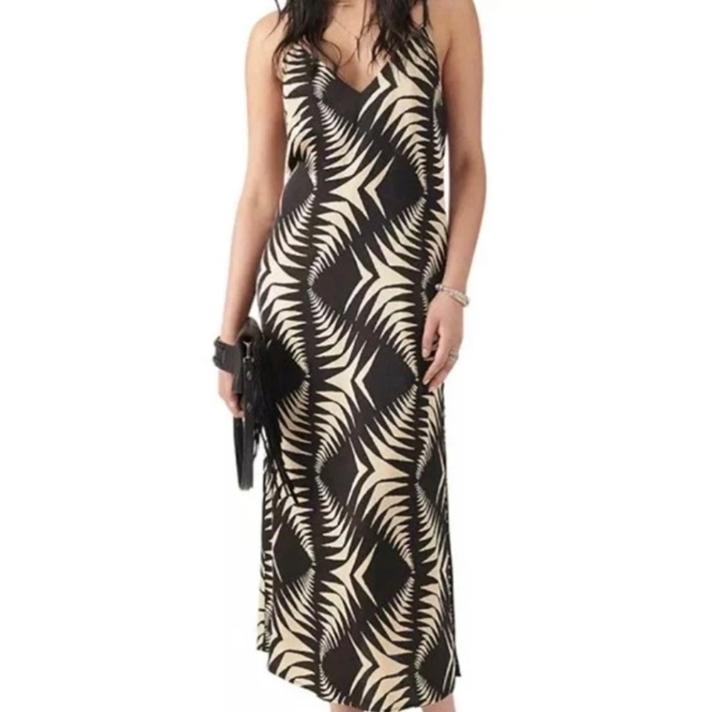 ba&sh Napi Size 2 Black Cream Geometric Palm Print Vacay Viscose Midi Slip Dress